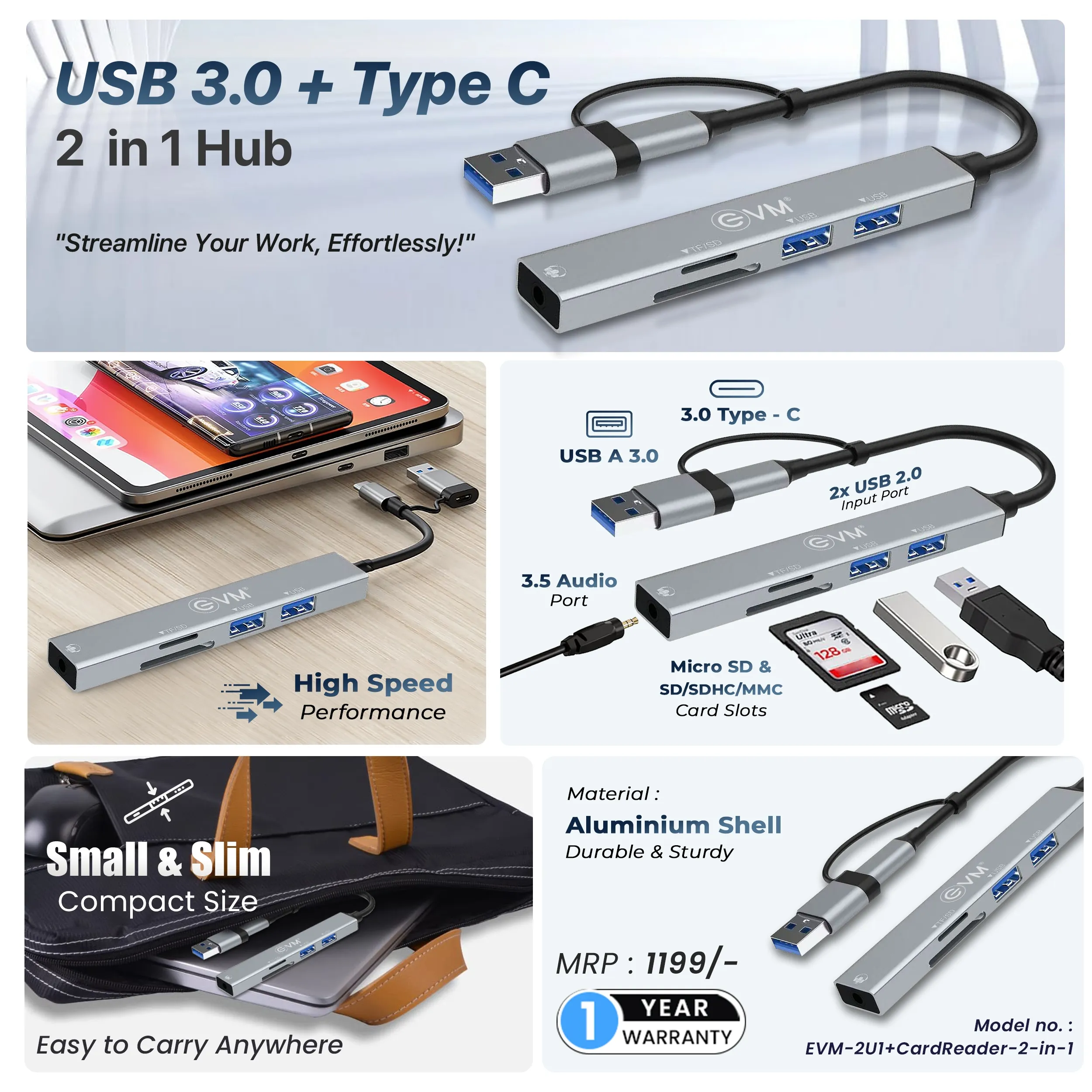 EVM USB | Type-C+USB Dock (2USB | Micro SD/SDHC/MMC | Audio) (2U1+CardReader-2-in-1) view 5